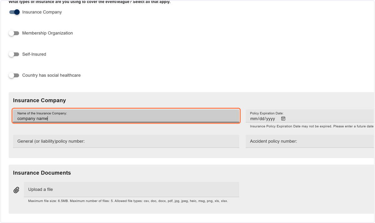 Add the Insurance Company Name and policy information.