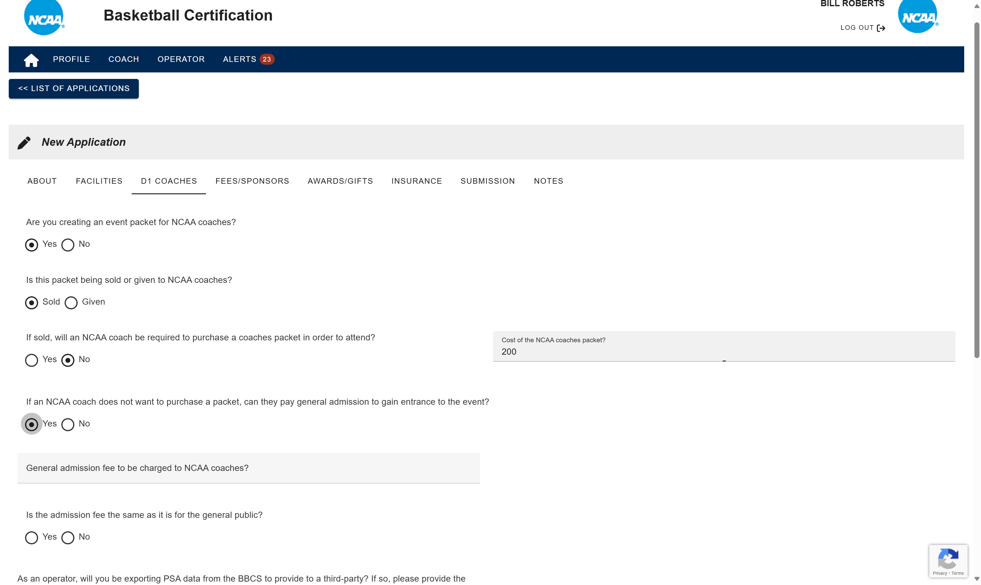 Answer the questions regarding NCAA coach entry fees.