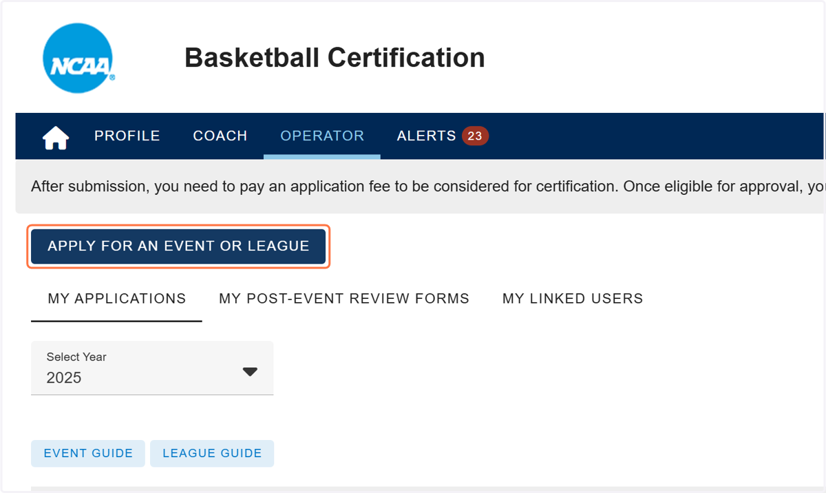 Click on APPLY FOR AN EVENT OR LEAGUE.