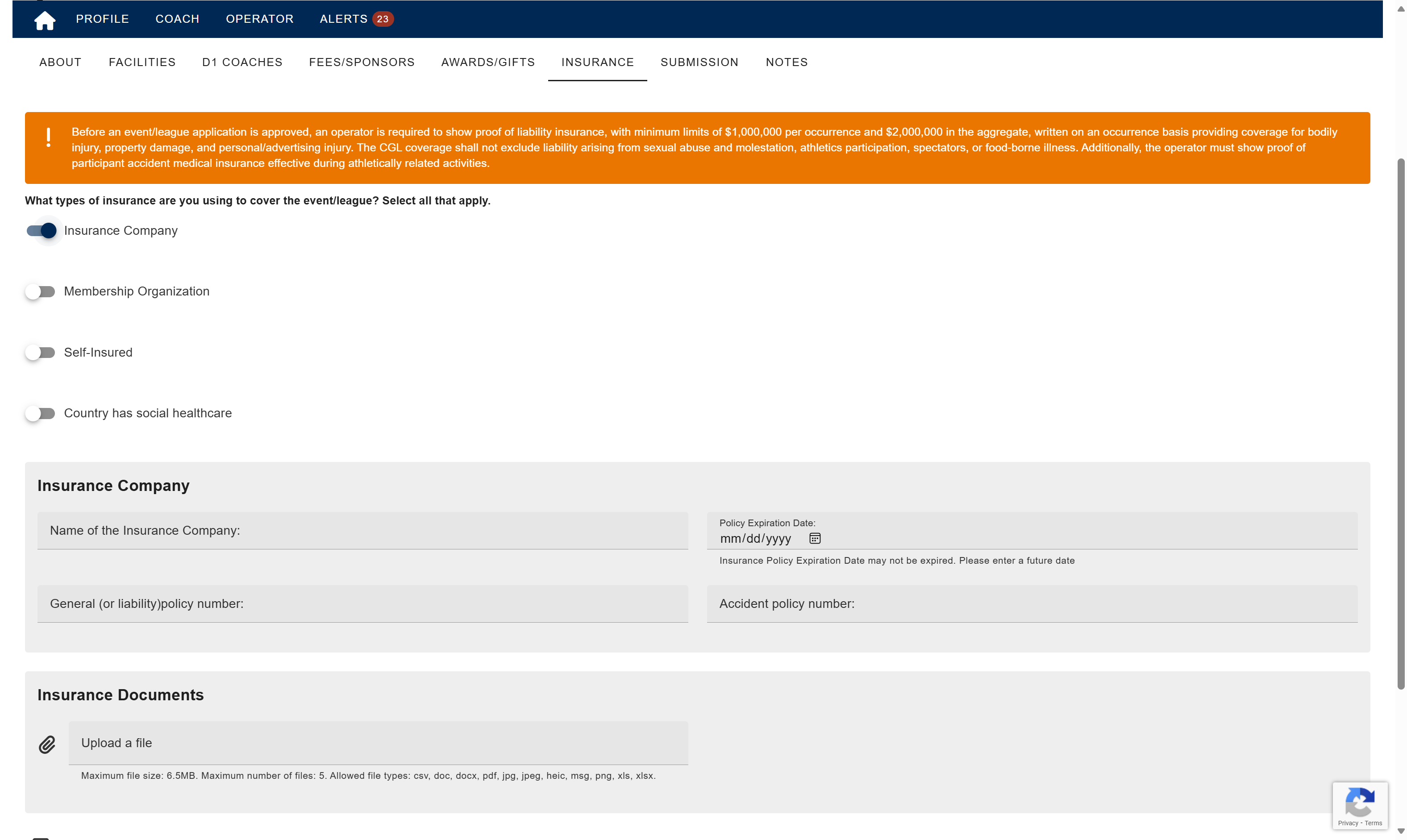 Select the type(s) of insurance you are using to cover the event.