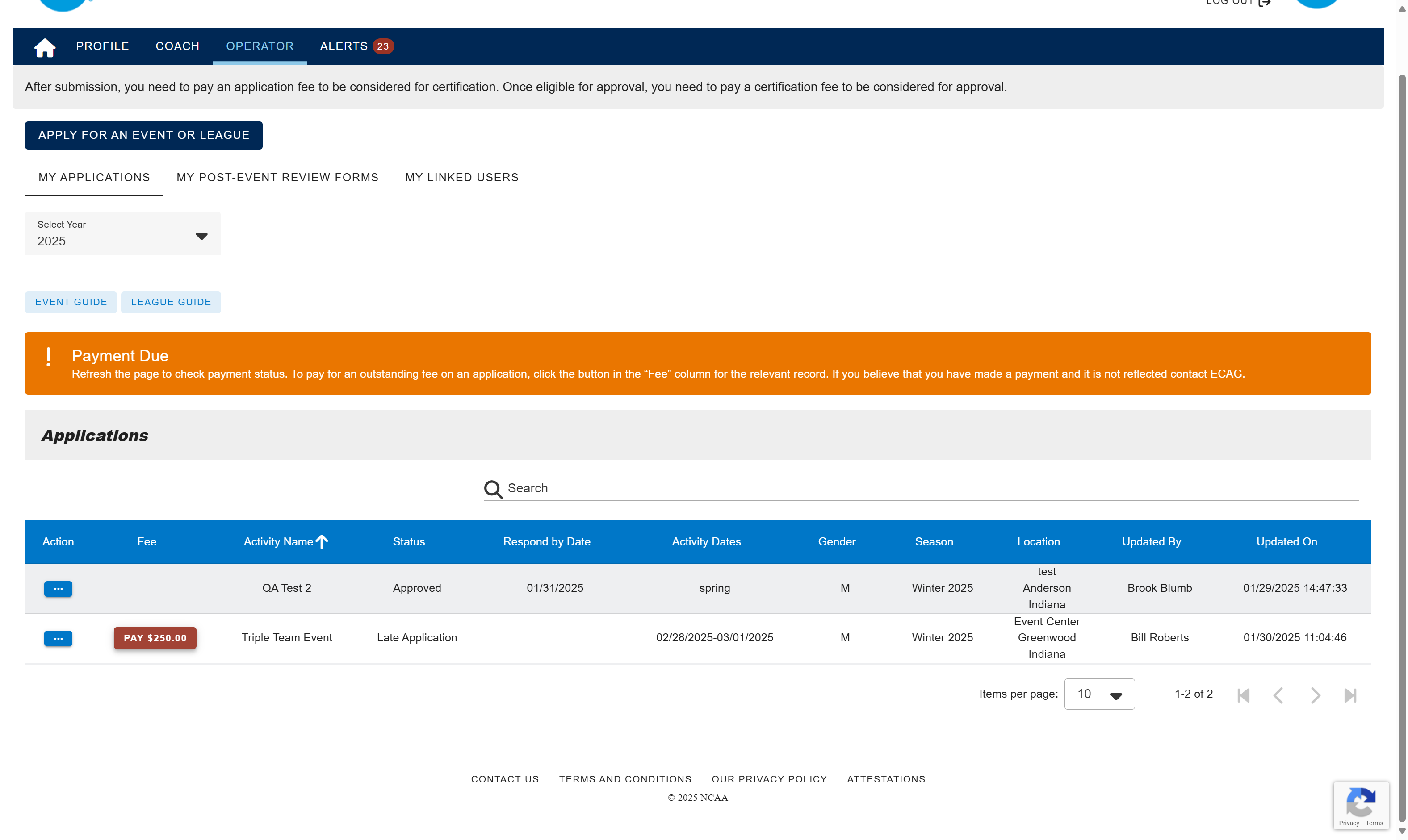 Under the Fee column, click to pay the application fees.