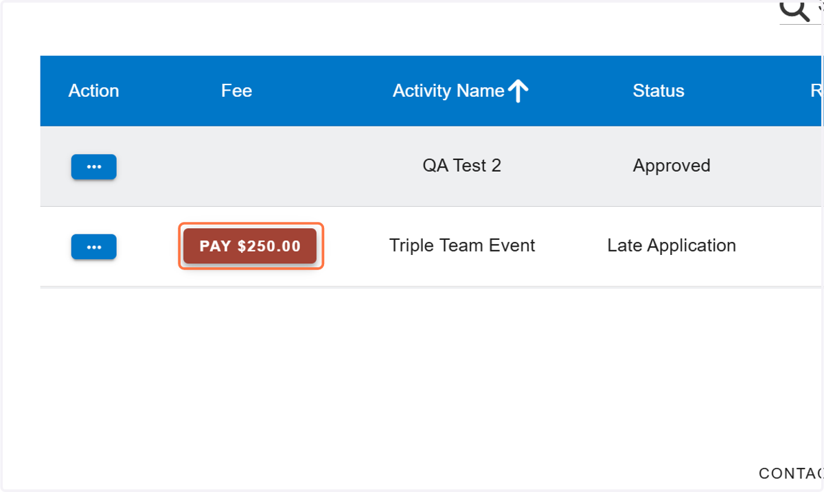 Under the Fee column, click to pay the application fees.