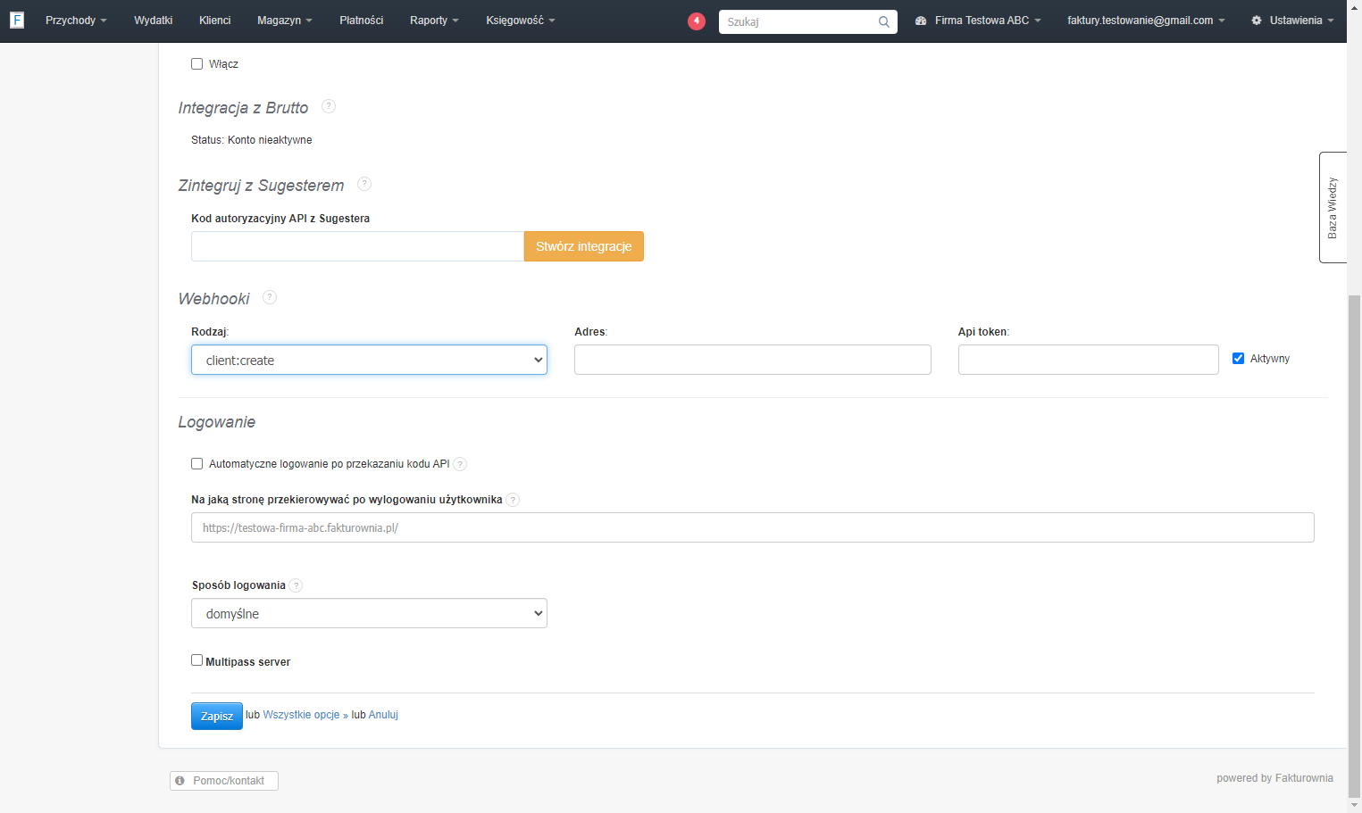 Uzupełnij pole 'Adres', czyli adres URL, pod który wysyłany jest webhook.