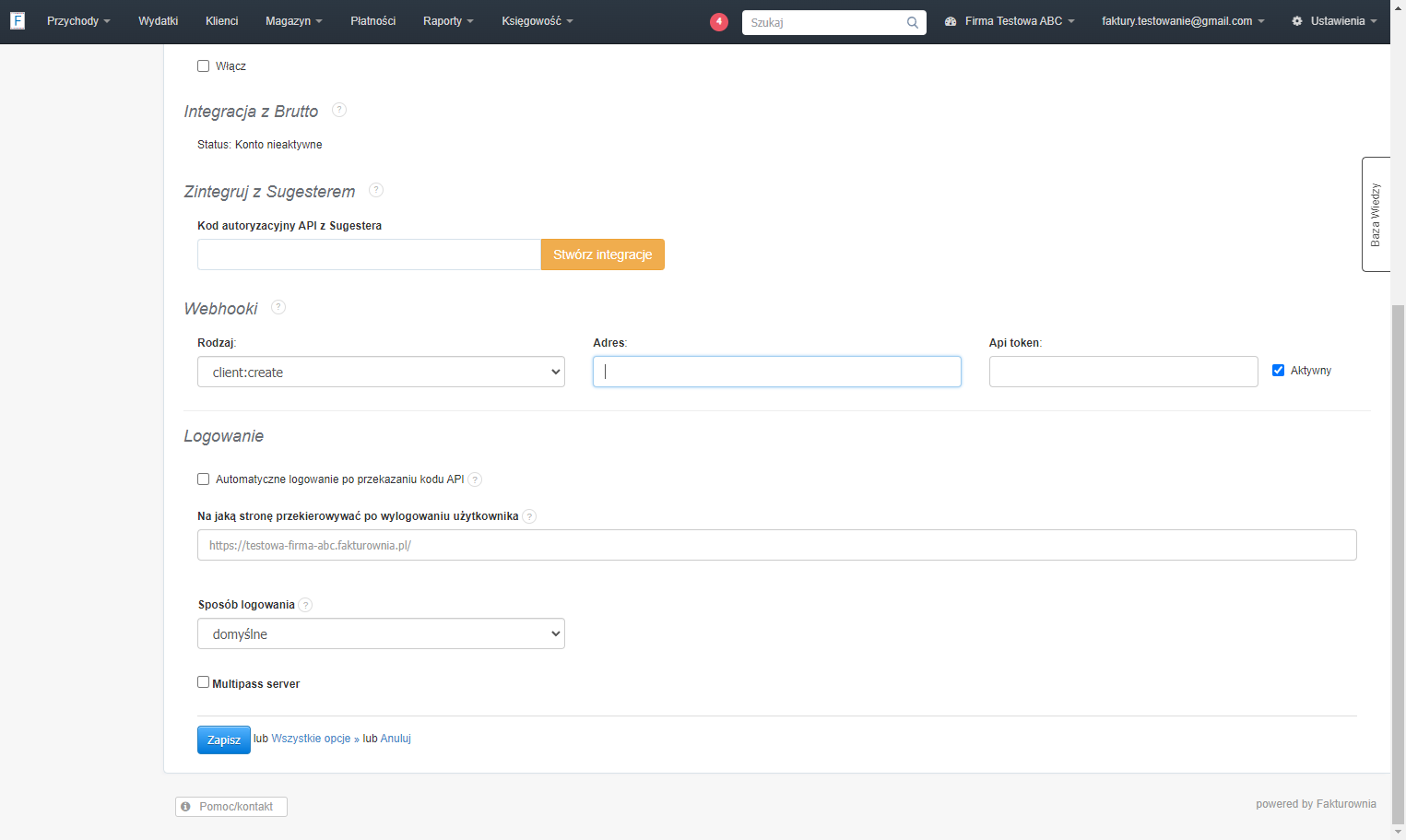 Następnie uzupełnij pole 'Api token', czyli token uwierzytelniający.