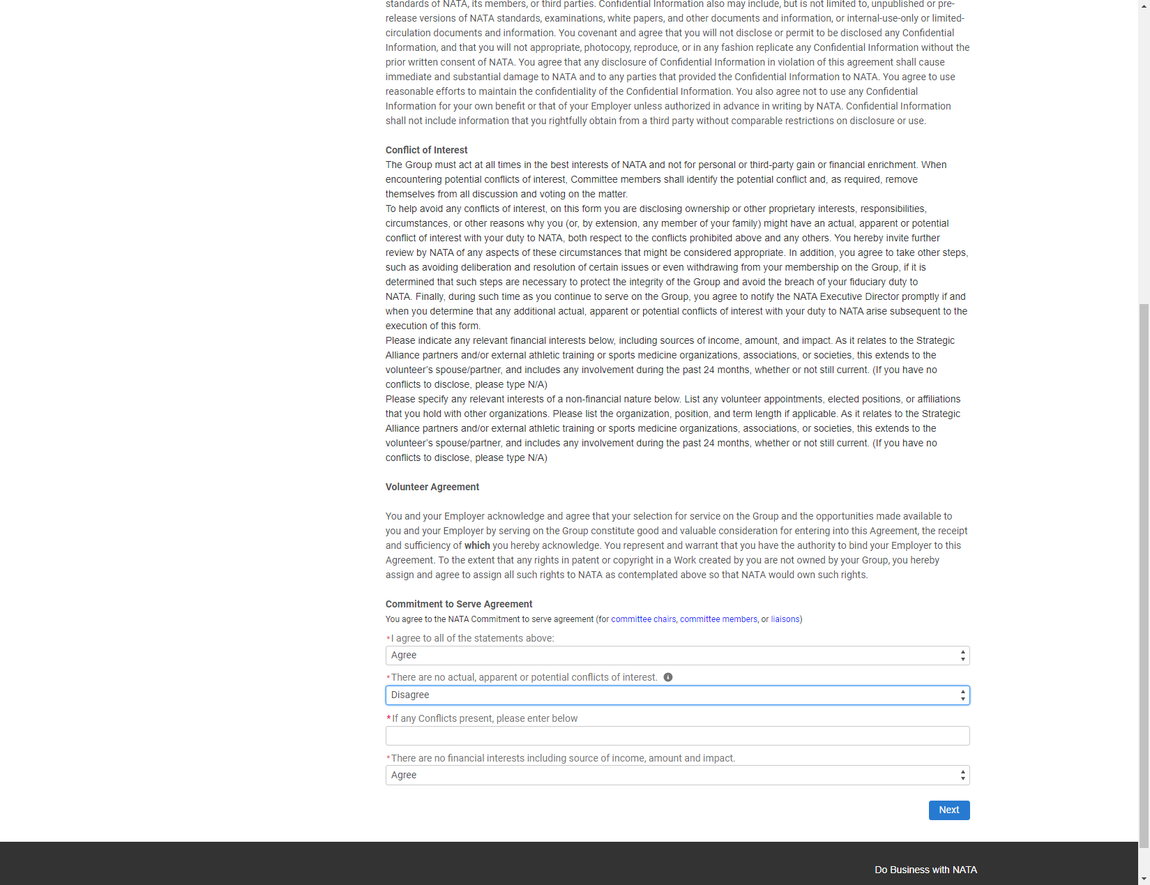 If you have a conflict to potentially input for review, choose "disagree" and a pop up box will appear to list your involvements.