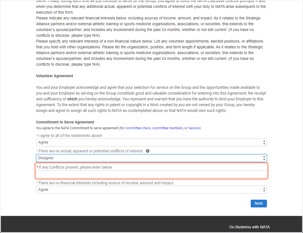 If you have a conflict to potentially input for review, choose "disagree" and a pop up box will appear to list your involvements.