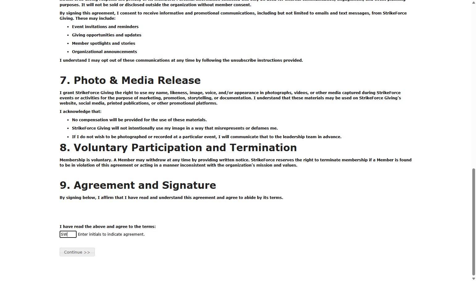 Type your initials to agree to the Membership Agreement