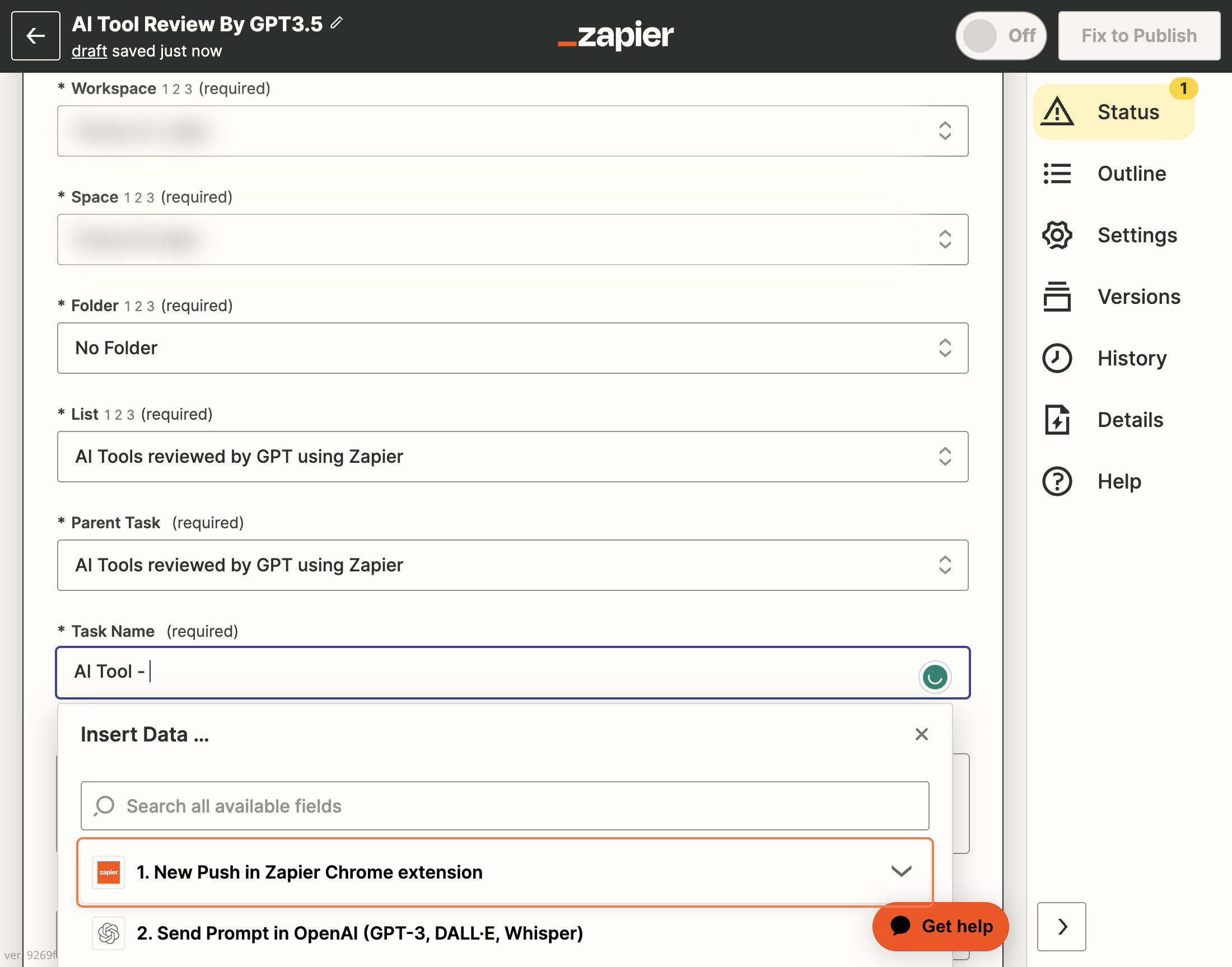 Click on 1. New Push in Zapier Chrome extension