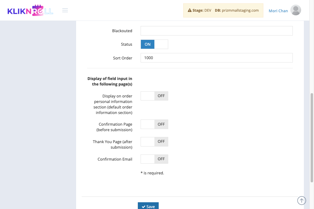 A. To make the form field appear on different pages, you can revisit the form field settings and adjust the “Display of field input in the following page(s)” option. Remember to click the “Save” button to save your field input settings. B. Click on S