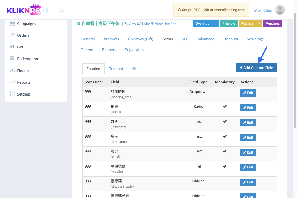 Click on Add Custom Field
