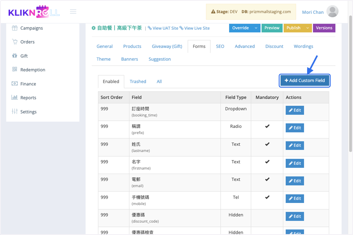 Click on Add Custom Field
