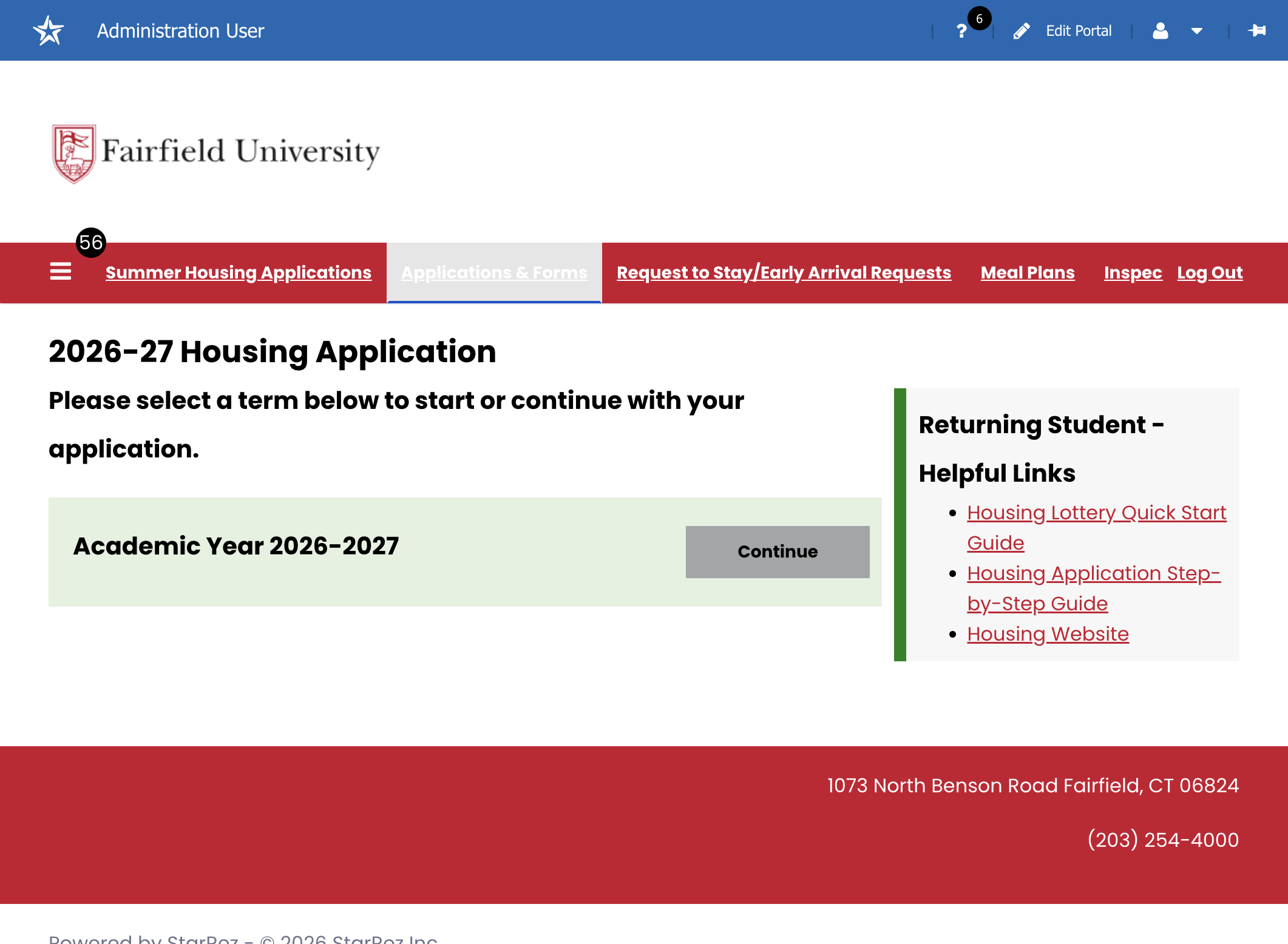 Click on "Continue" for Academic Year 2026-2027