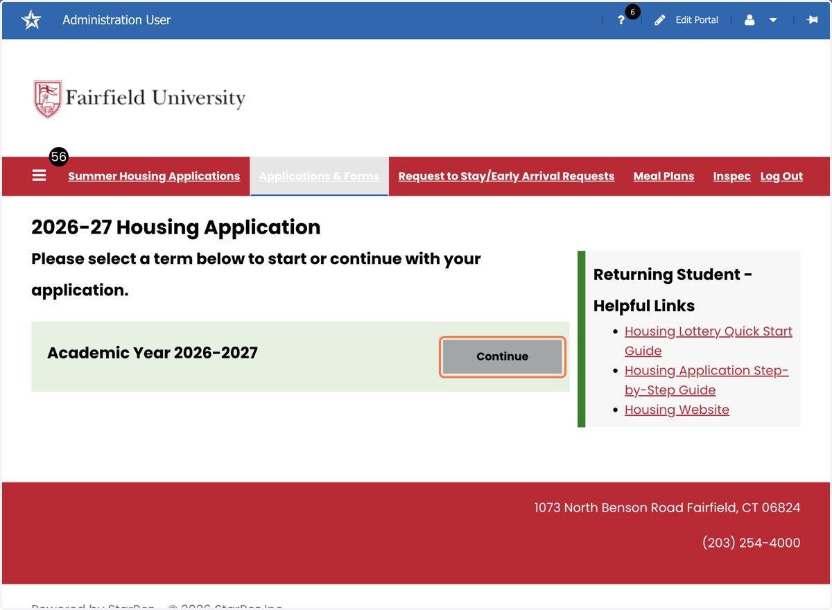 Click on "Continue" for Academic Year 2026-2027