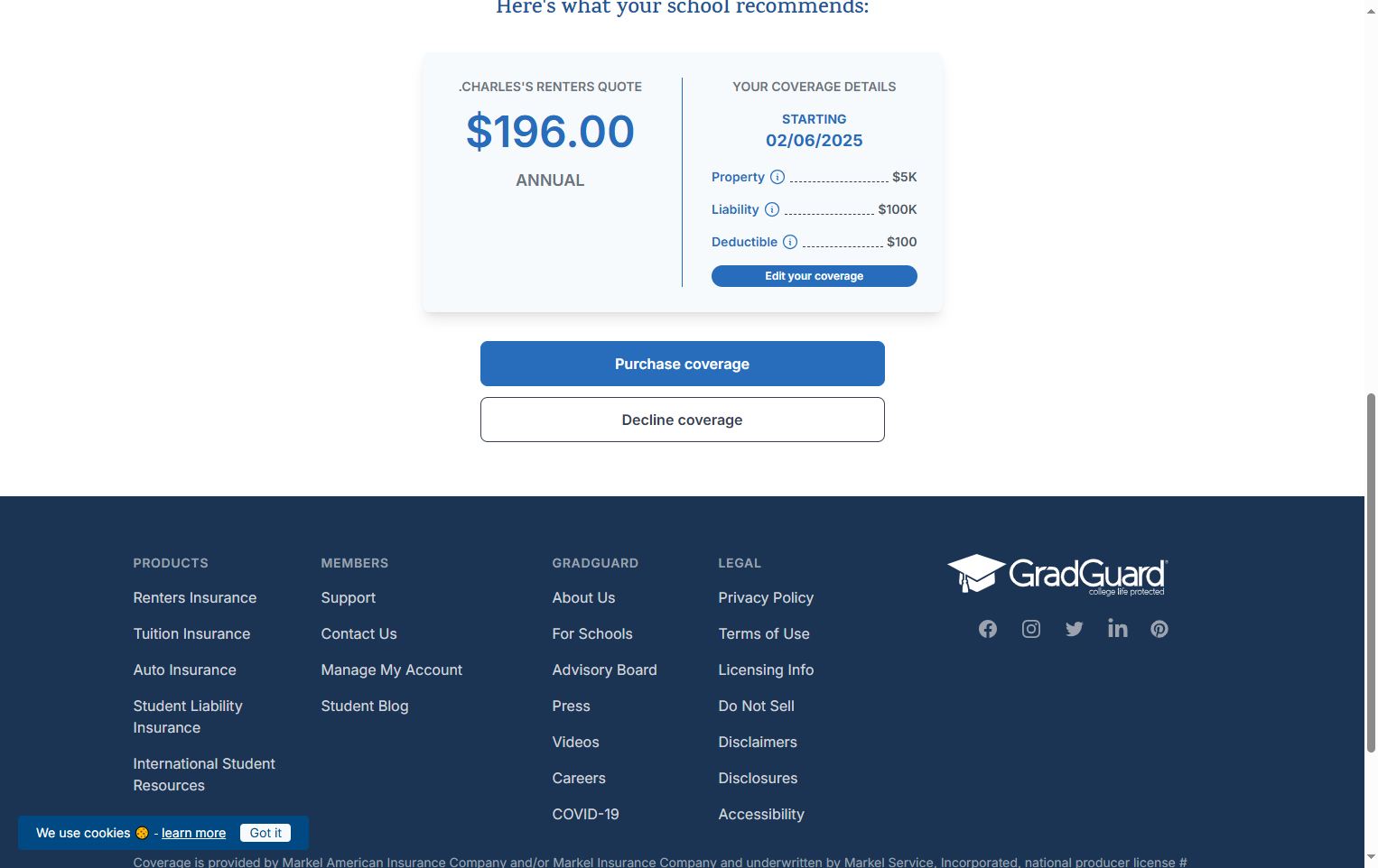 Accept or Decline Grad Guard Coverage