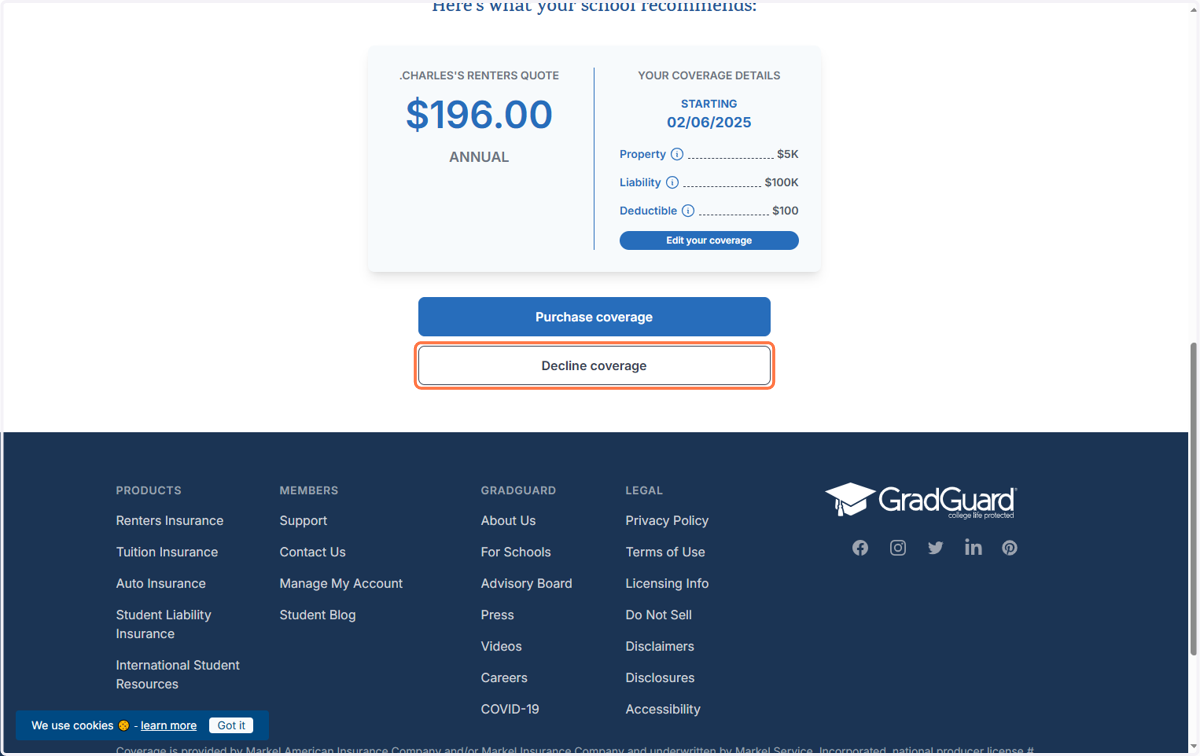 Accept or Decline Grad Guard Coverage