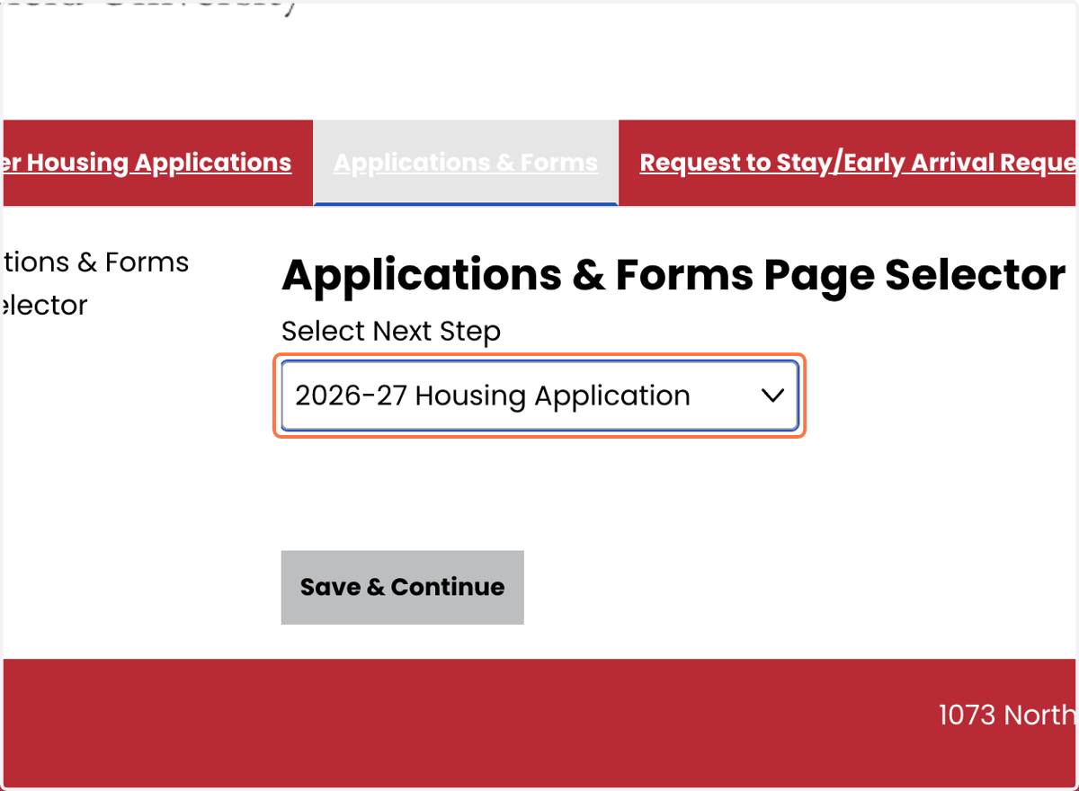 Select "2026-27 Housing Application" from Select Next Step dropdown menu