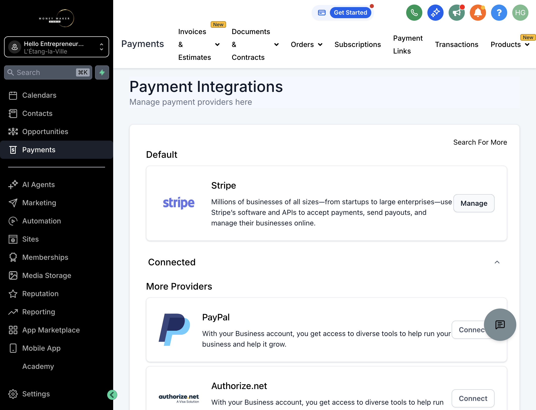 Klik på "Manage" ud for Stripe