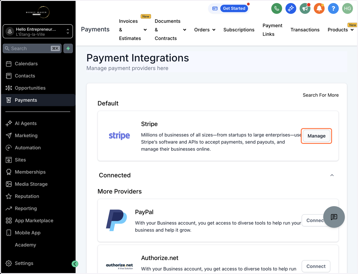 Klik på "Manage" ud for Stripe