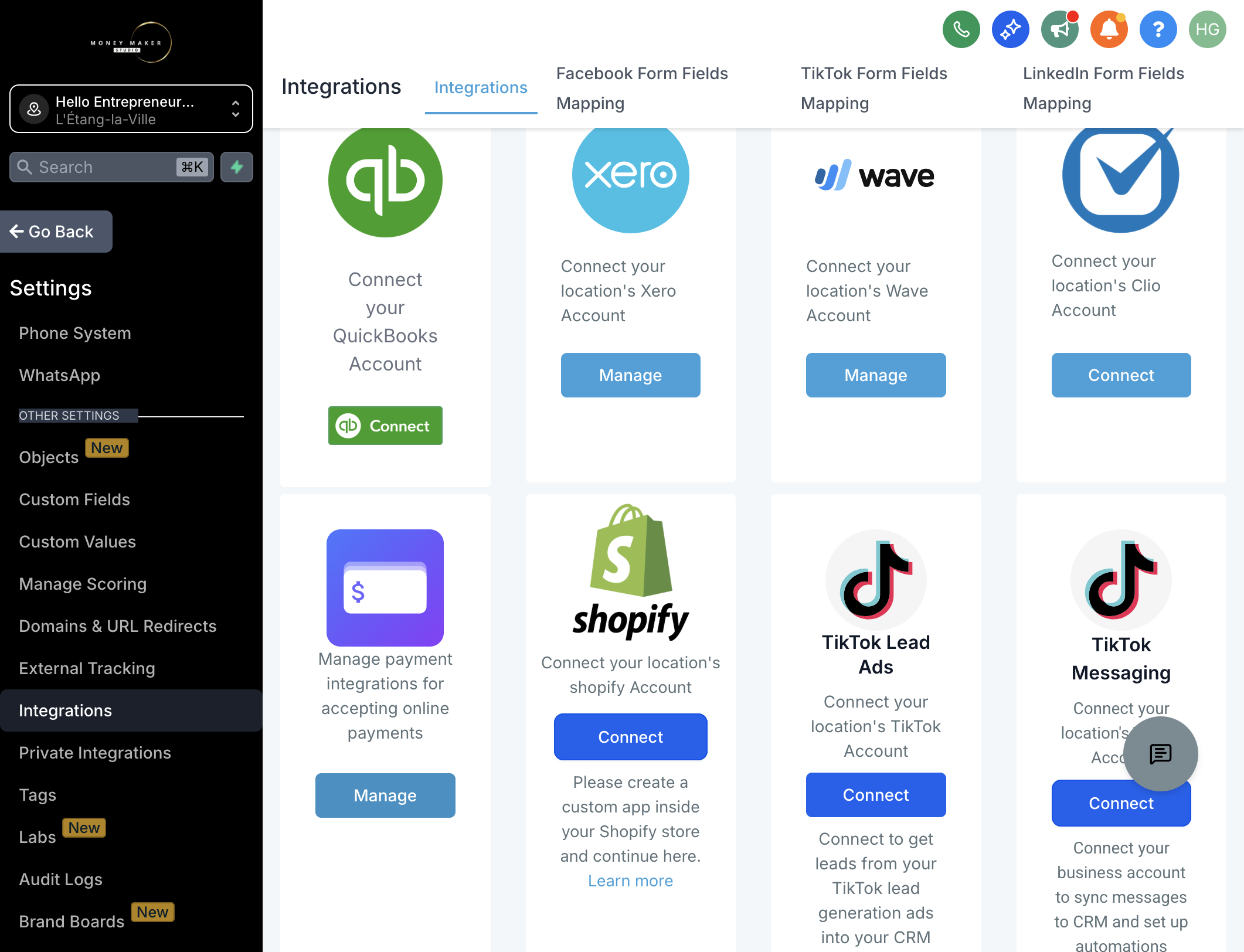 Find payment integrations og klik på "Manage"
