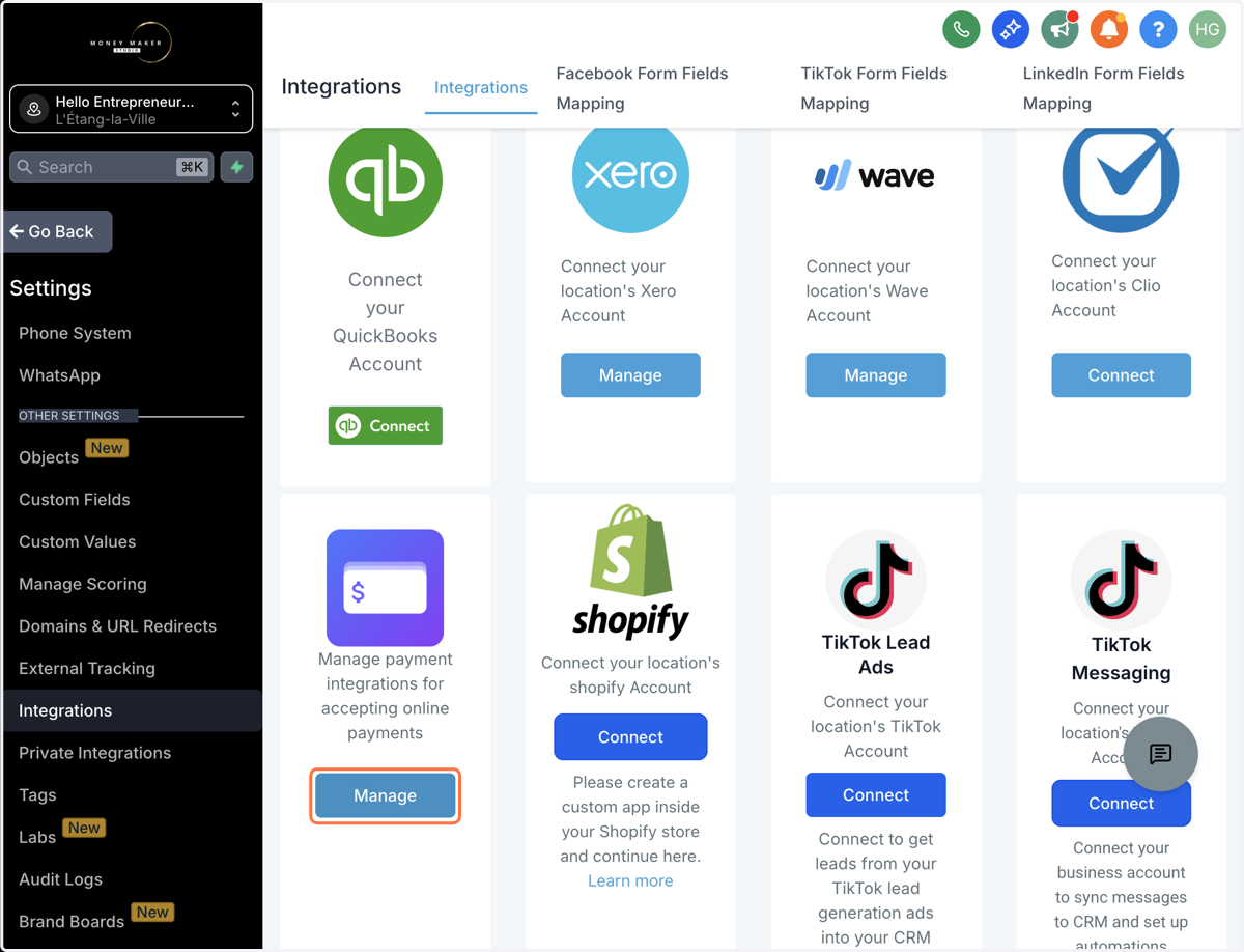 Find payment integrations og klik på "Manage"