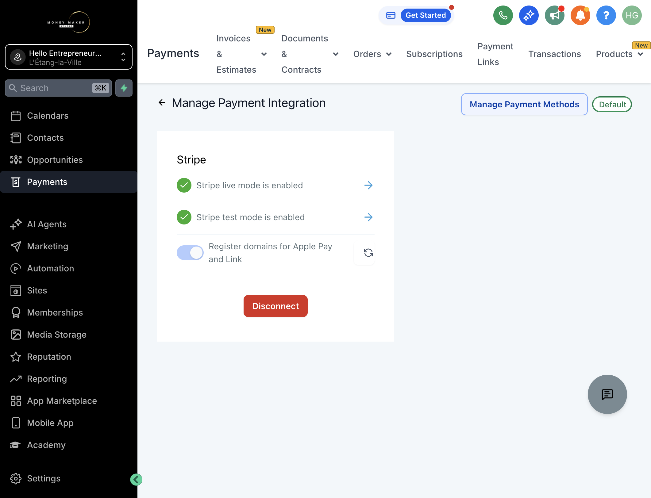 Klik på "Manage Payment Methods