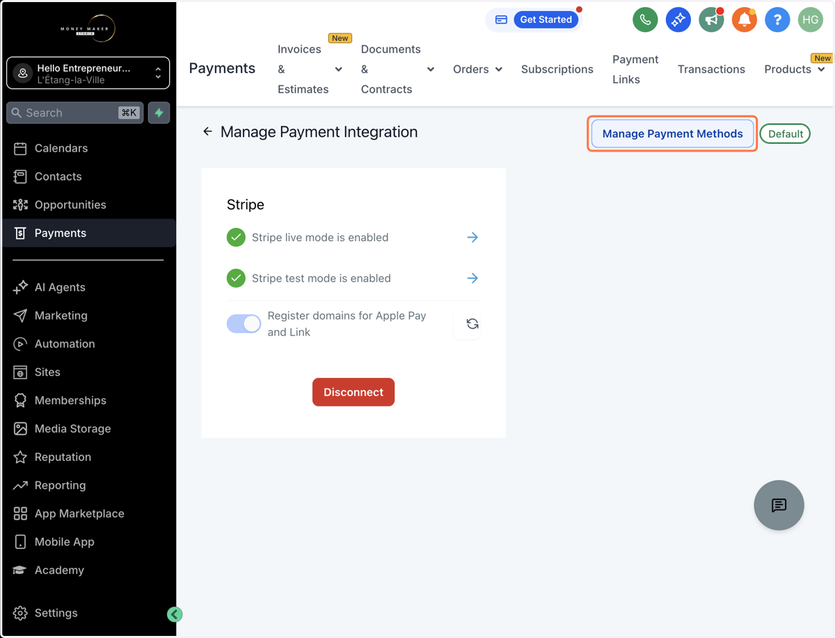 Klik på "Manage Payment Methods