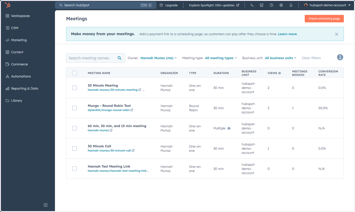 This is where you can access, manage and create scheduling pages