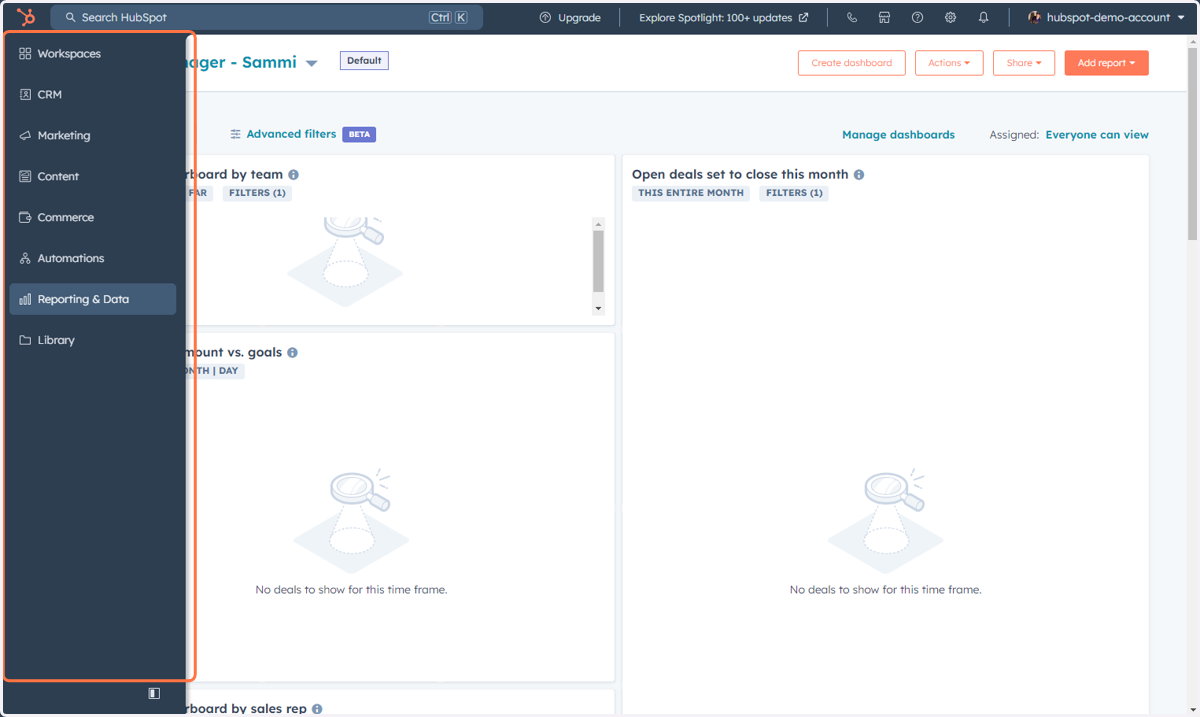The new HubSpot navigation will appear on the left-hand side of the screen