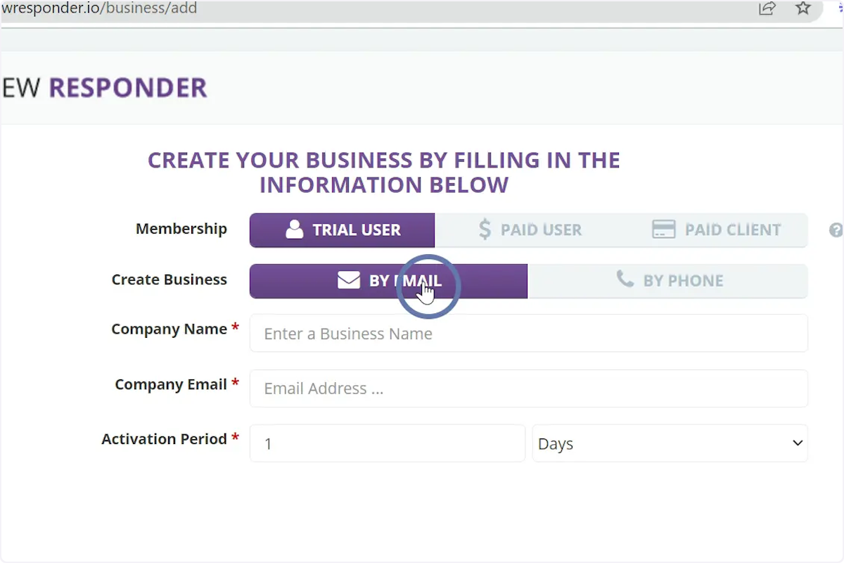 If creating a business by email, enter Company name, email address and the activation period for the plugin 