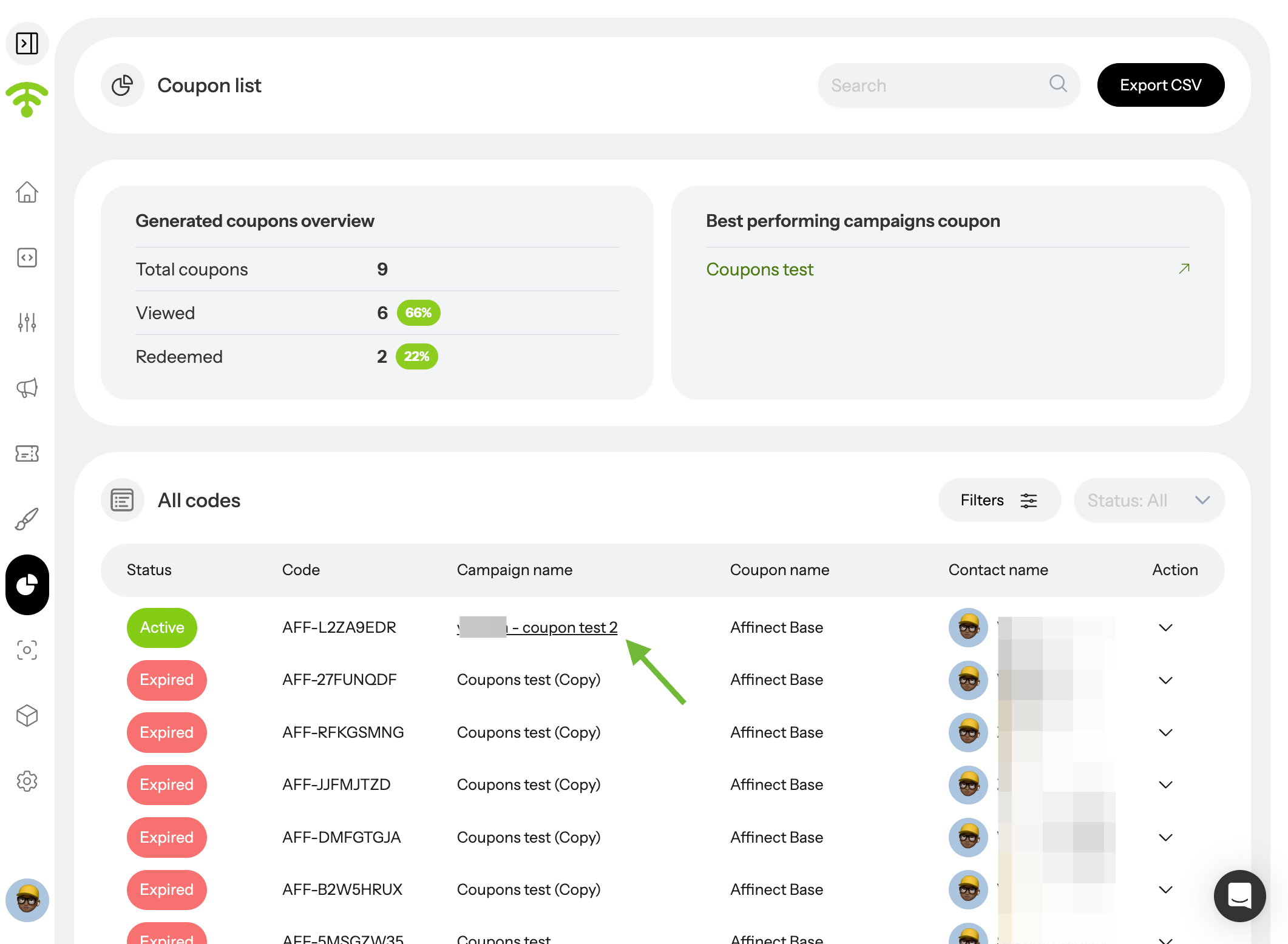 Open Coupon Analytics from the List