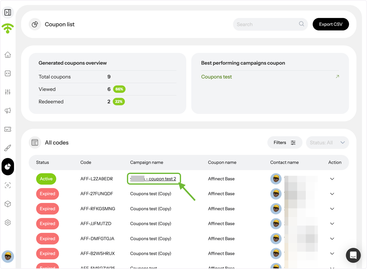 Open Coupon Analytics from the List