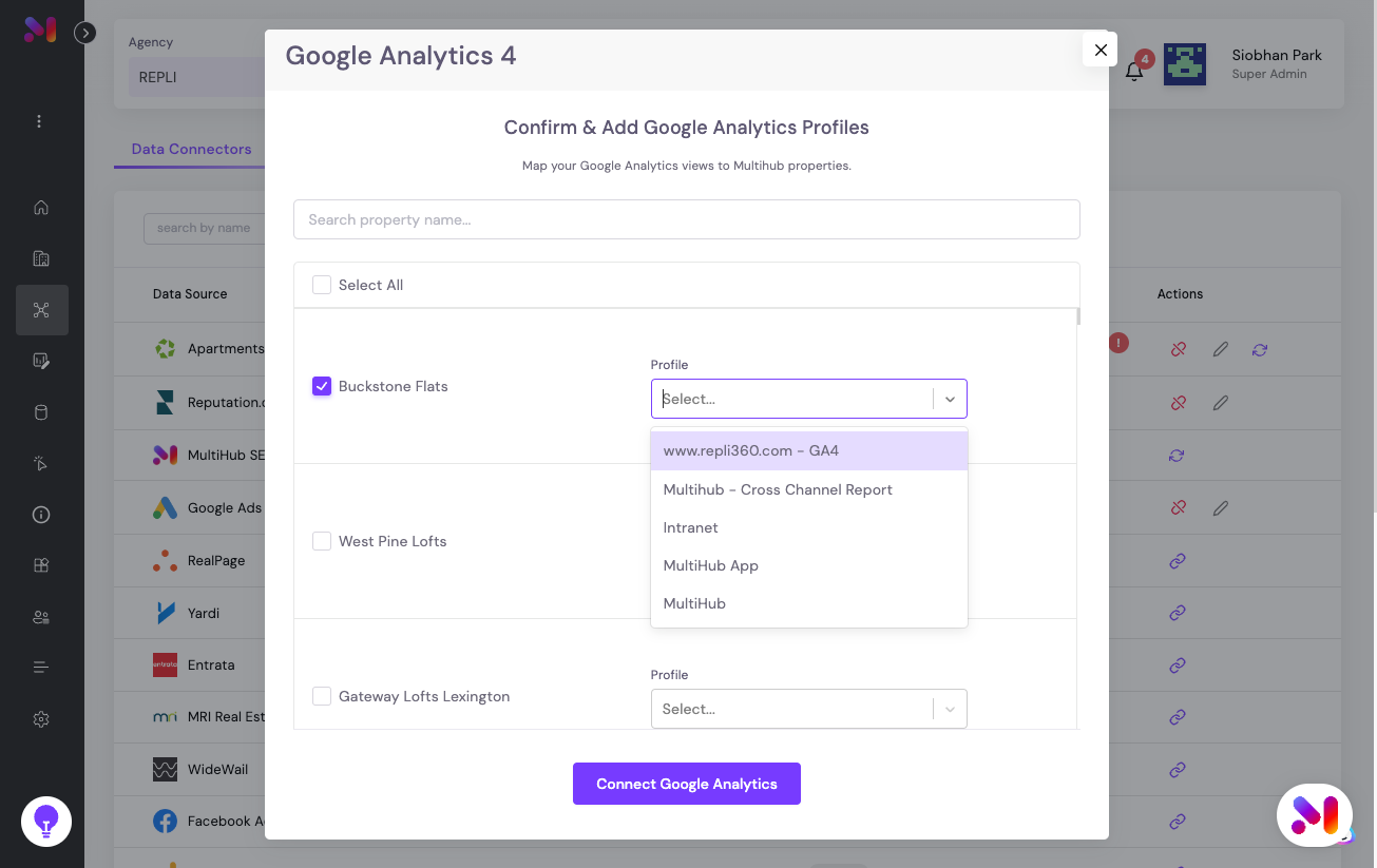 Under profile, choose the correct GA4 account for that property. Multihub's AI will attempt to match the GA4 property to the MultiHub property. We recommend confirming the matches are correct.