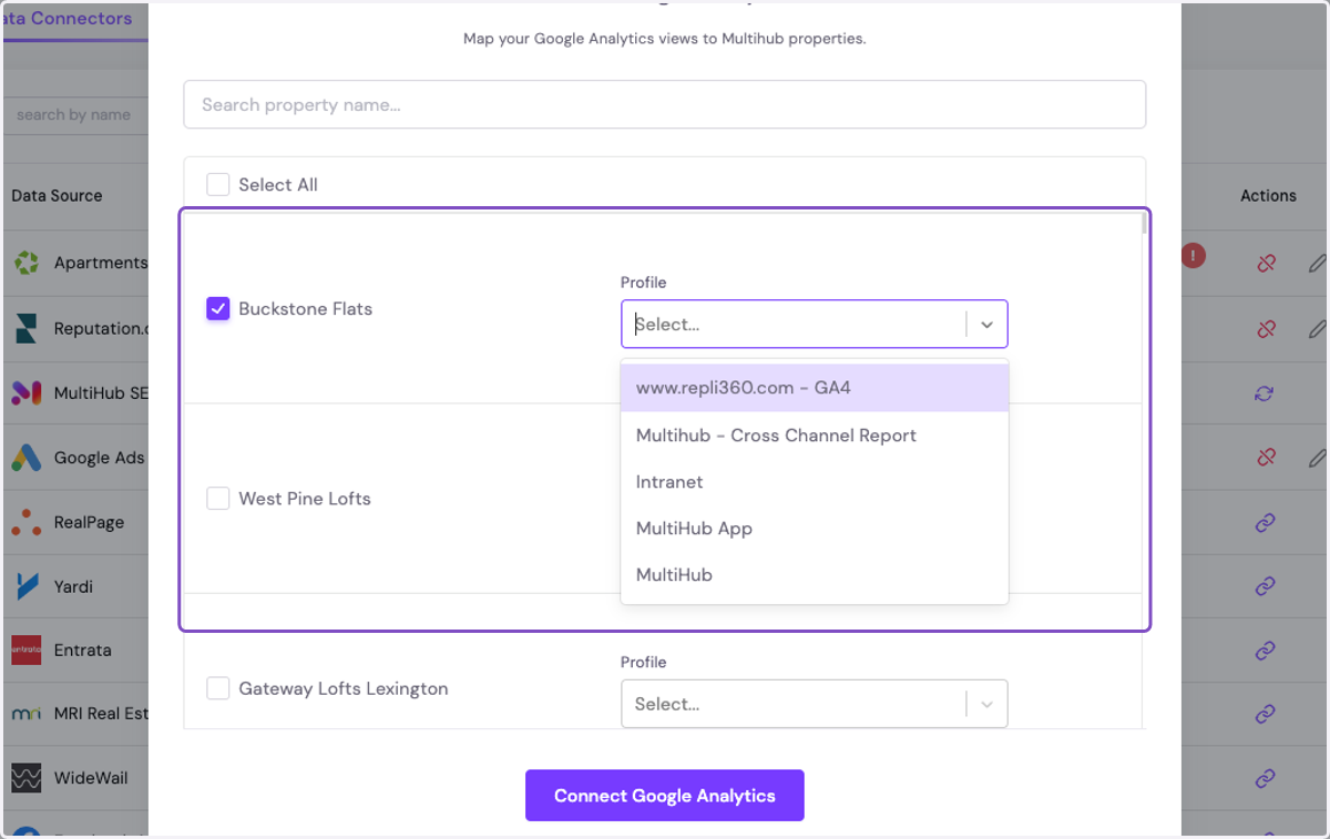 Under profile, choose the correct GA4 account for that property. Multihub's AI will attempt to match the GA4 property to the MultiHub property. We recommend confirming the matches are correct.