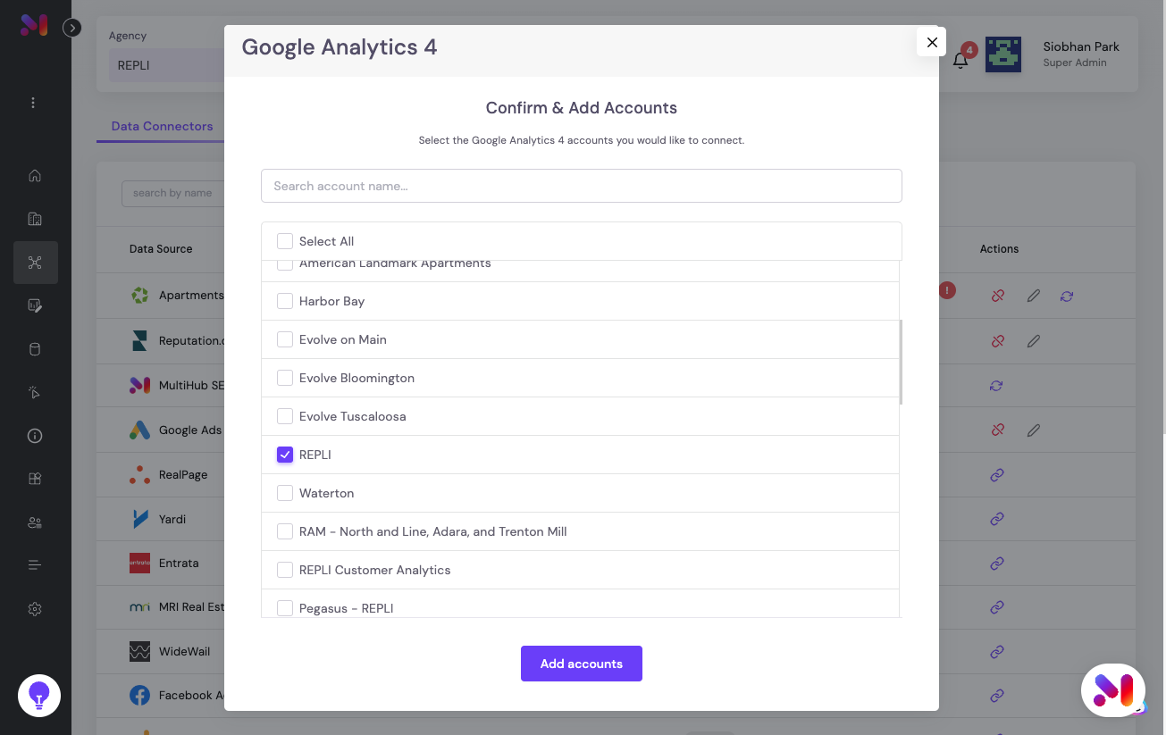 Click the check box to select the Google Analytics 4 account you'd like to connect
