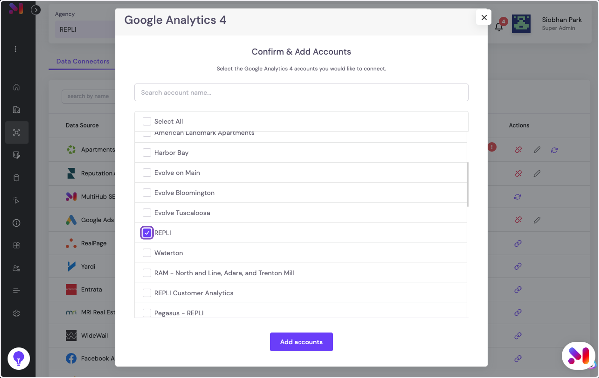 Click the check box to select the Google Analytics 4 account you'd like to connect