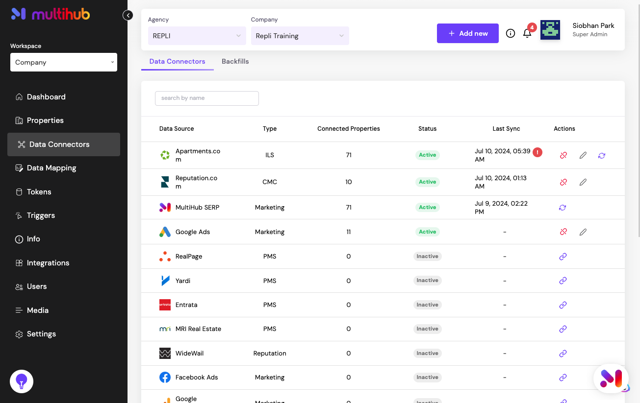 In MultiHub, go to the Company Workspace and select Data Connectors