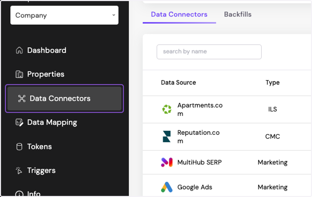 In MultiHub, go to the Company Workspace and select Data Connectors