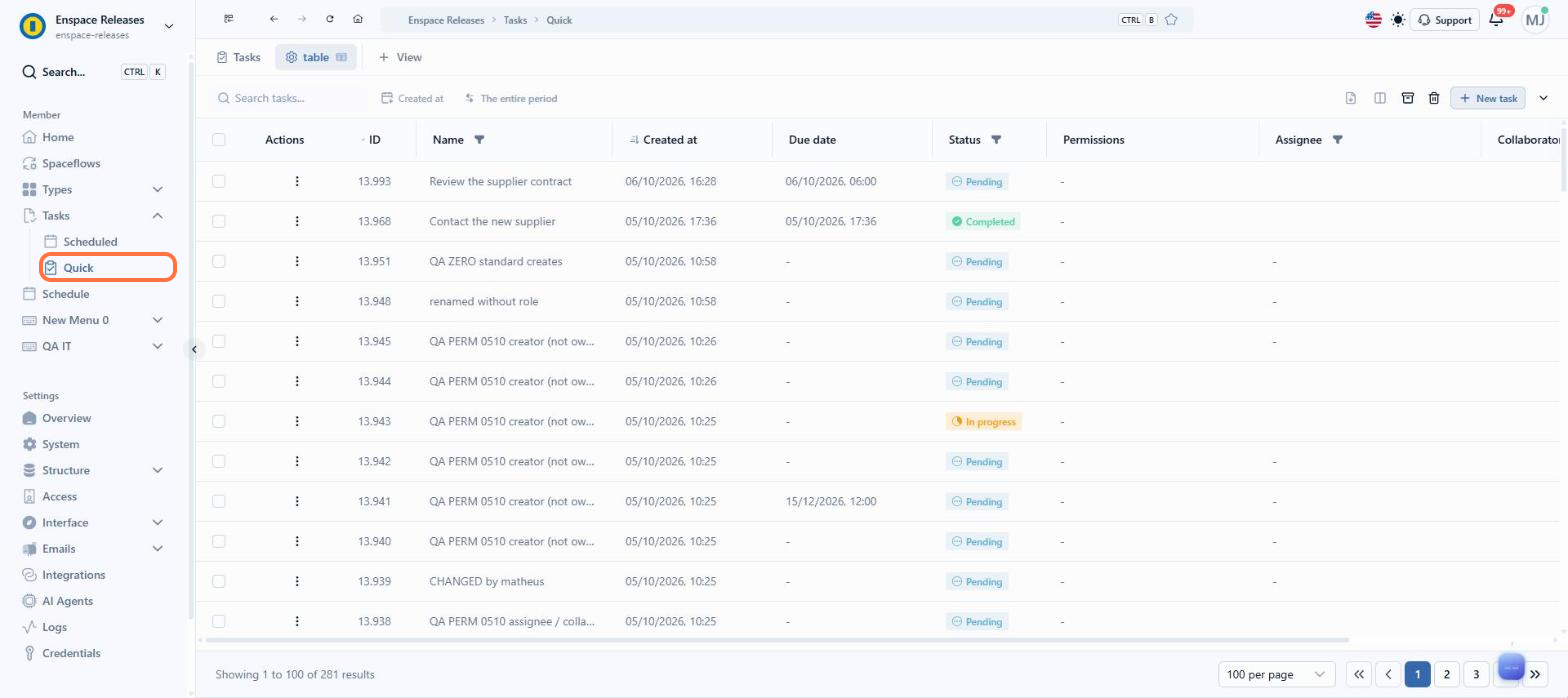 The notice of edits in another session also applies to quick tasks. In the left side menu, click Tasks and then Quick