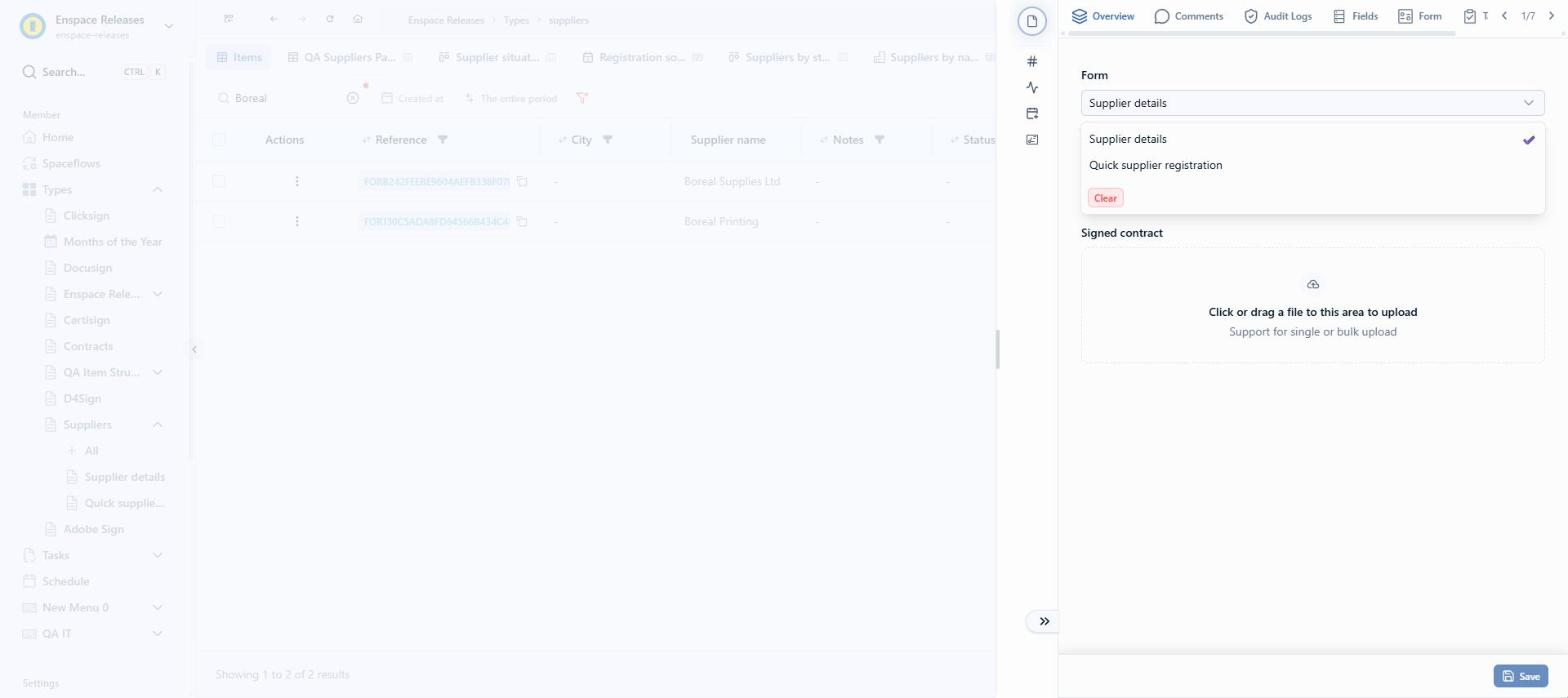 To see the Chat field, click Overview and, under Form, choose the form that has the field. In this example, Quick supplier registration