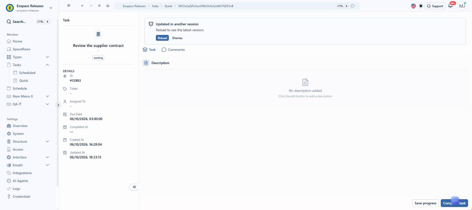 The task screen shows the same Updated in another session notice as soon as another person changes it. Click Reload to see the latest version; Dismiss keeps the screen as it is