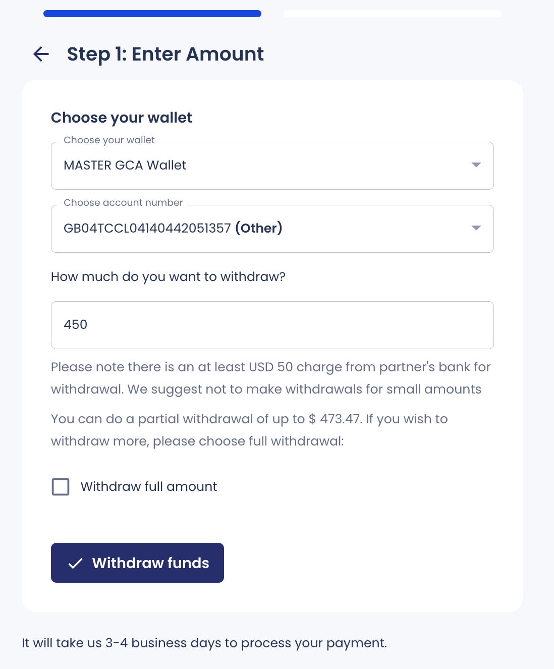 Accept the acknowledgment and click on the withdraw funds button