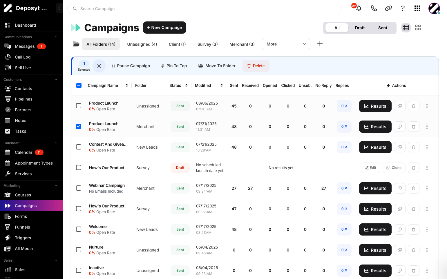 Step 3: You can move a campaign to a folder only in Table View. Select one or more campaigns to proceed.