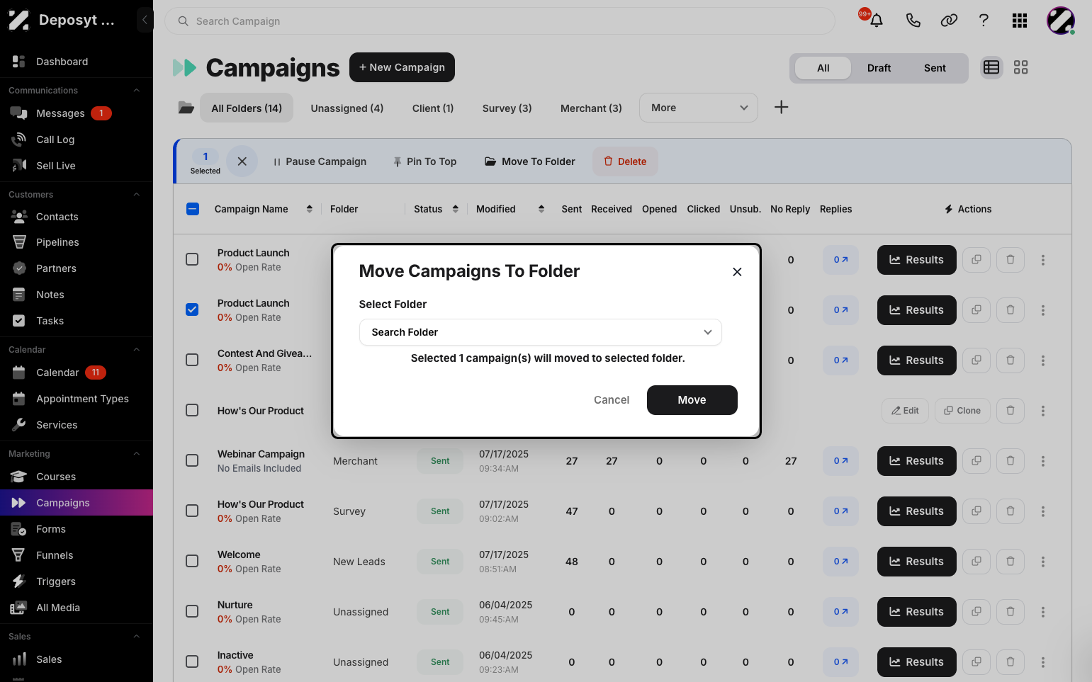 Step 5: A pop-up appears where you can select a folder to move the selected campaign(s). Then click the Move button to move it to that folder.