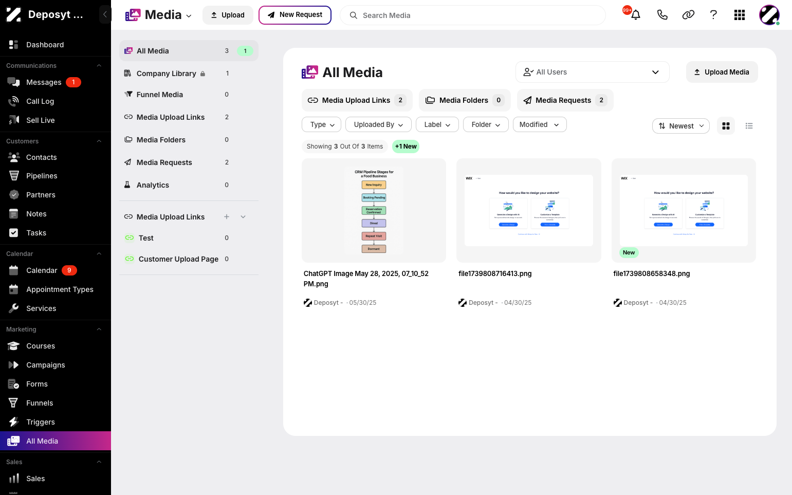 Step 2: You will then be taken to the All Media page. The Media section lets you upload, organize, and manage images, videos, and other files, making it easy to access and use your assets across the CRM.