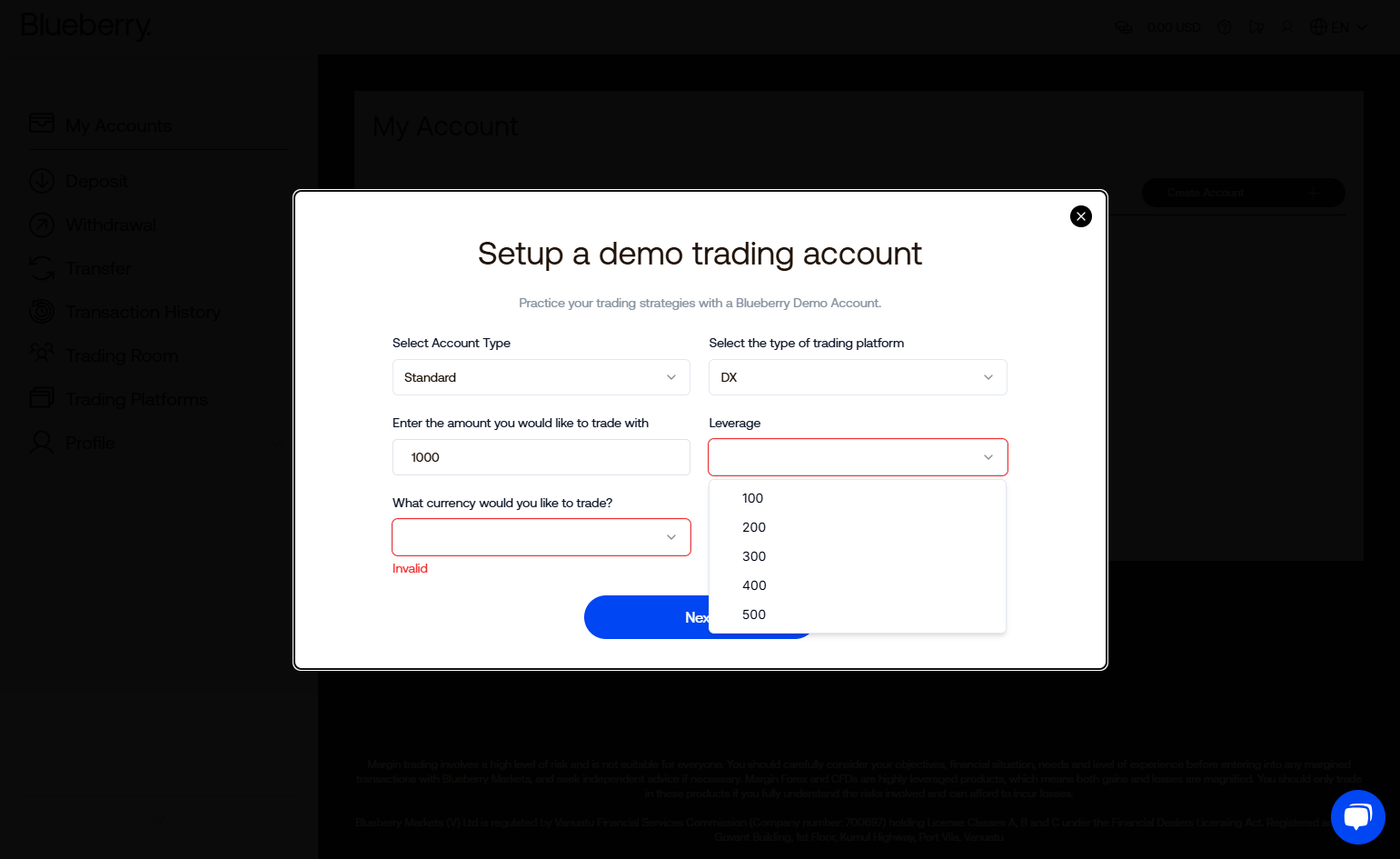 Select your preferred leverage.