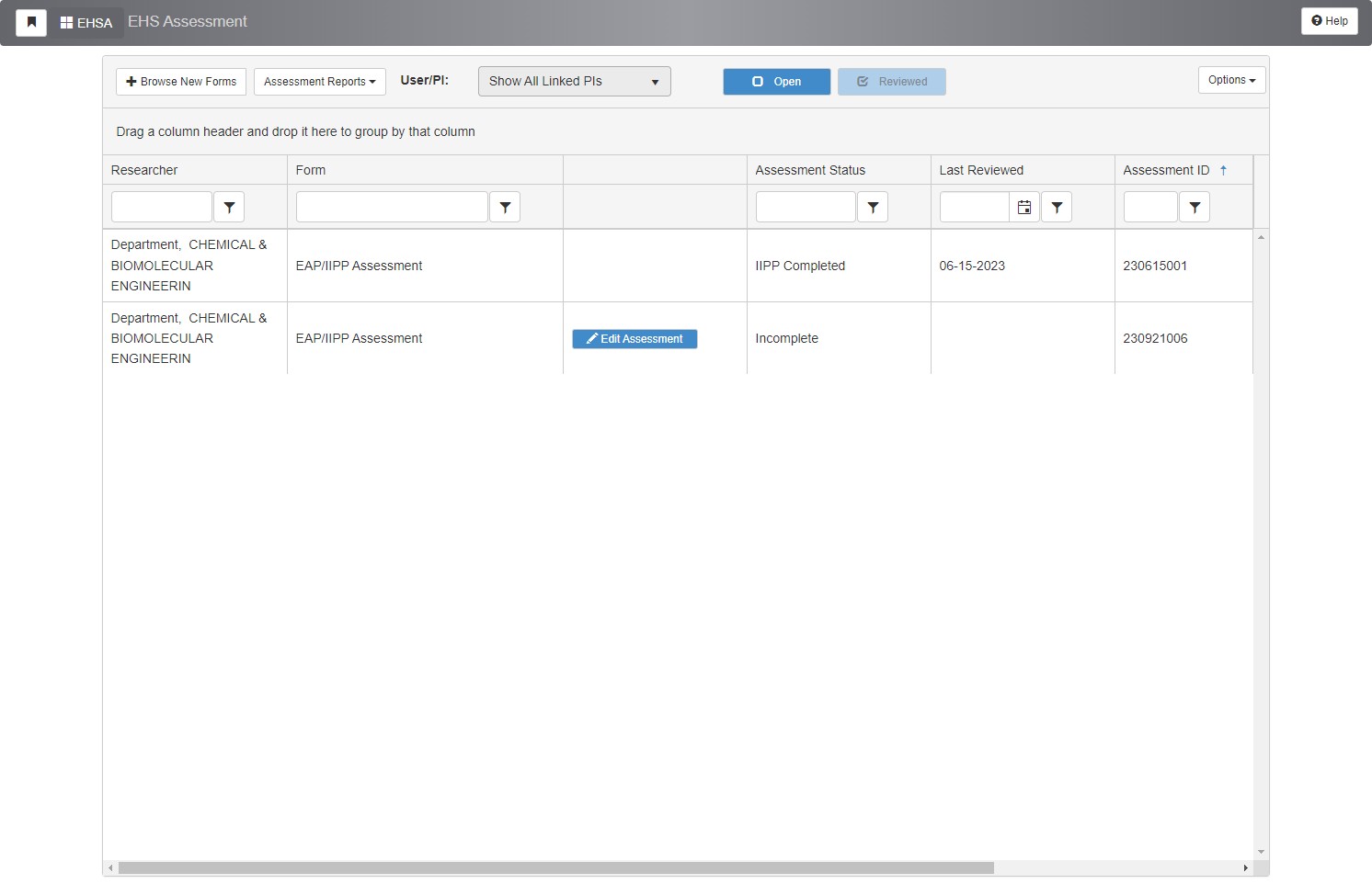 For the assessments to appear you may have to click on the down arrow near the "User/PI" field.