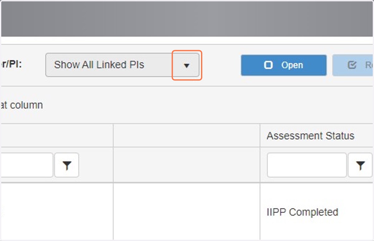 For the assessments to appear you may have to click on the down arrow near the "User/PI" field.