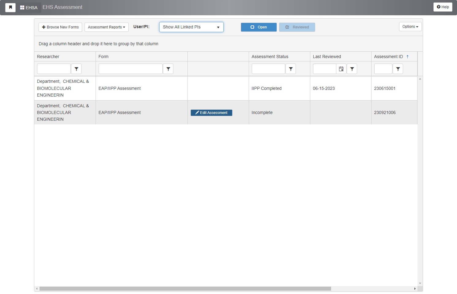 Find the IIPP/EAP assessment you wish to fill out and click on "Edit Assessment" button.