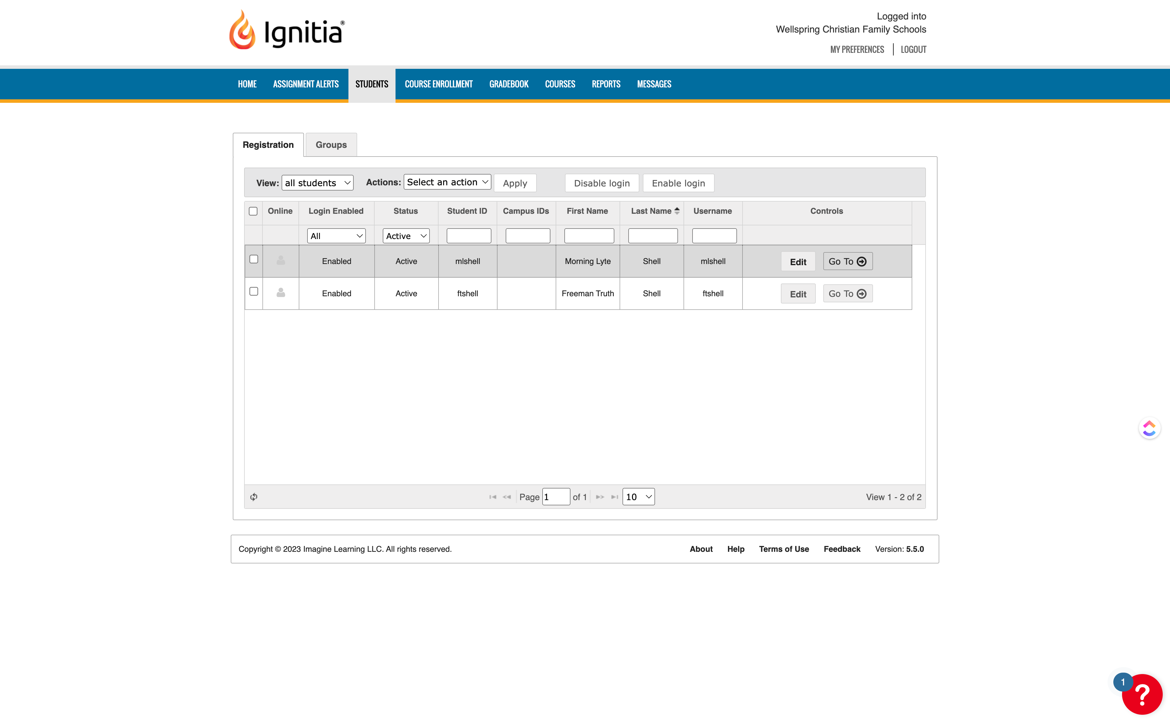Find the relevant student and click on 'Go To'