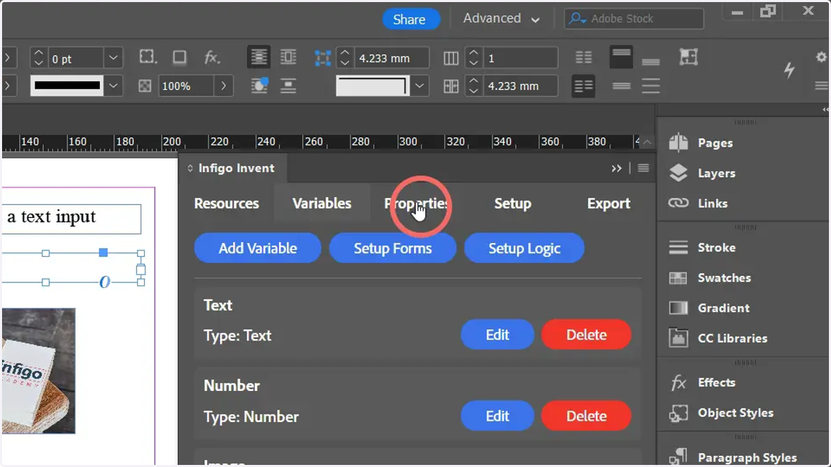 Navigate to the Properties tab in Infigo Invent